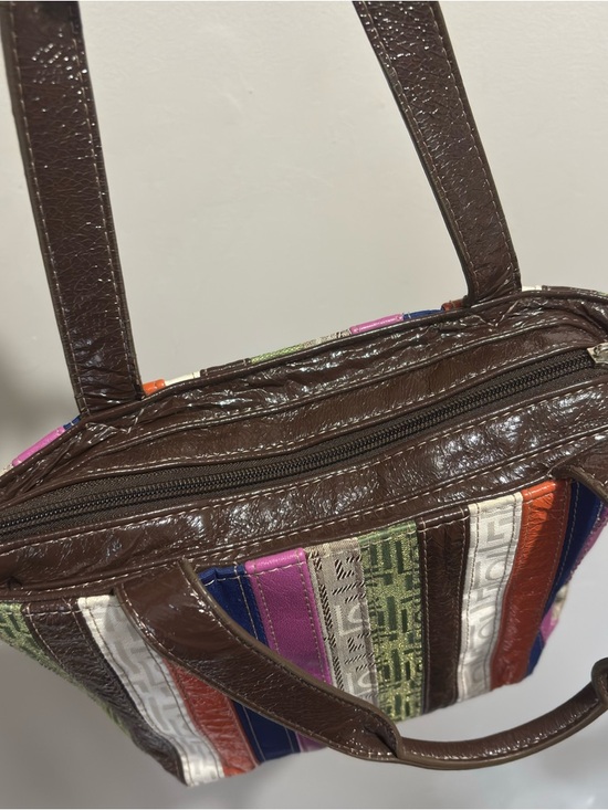 Y2K Vintage Colorful Striped Tote Bag Purse Brown Faux Patent Leather Trim Small - Picture 8 of 10